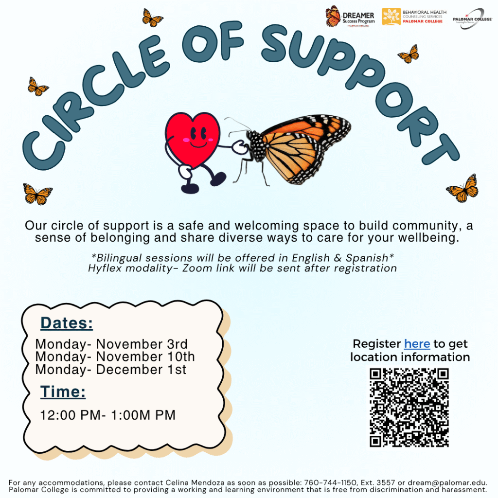 A red heart and butterfly holding hands with flyer details for Circle of Support.