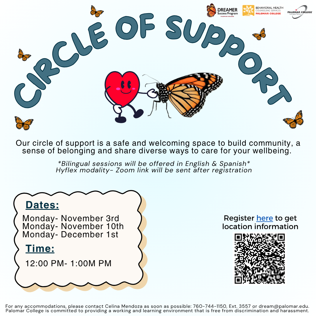 A red heart and butterfly holding hands with flyer details for Circle of Support.