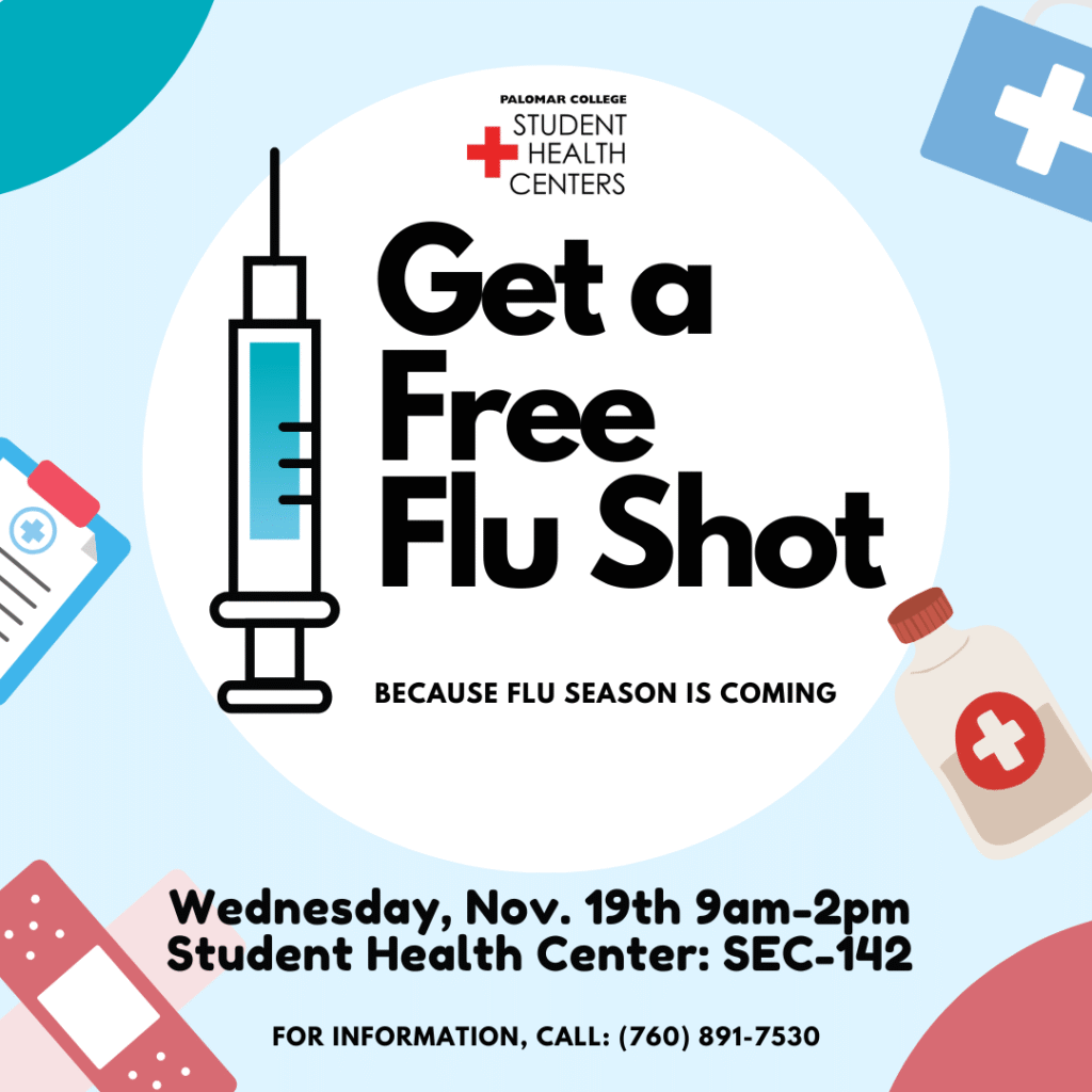 Syringe with band-aid with Student Health Center logo and flyer title "Get a Free Flu Shot" because flu season is coming.