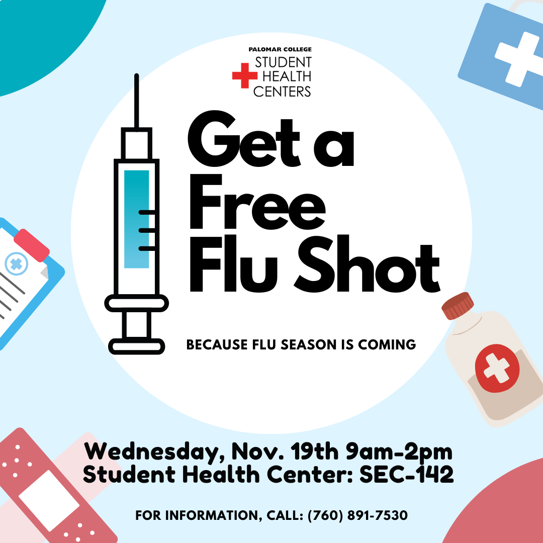 Syringe with band-aid with Student Health Center logo and flyer title "Get a Free Flu Shot" because flu season is coming.