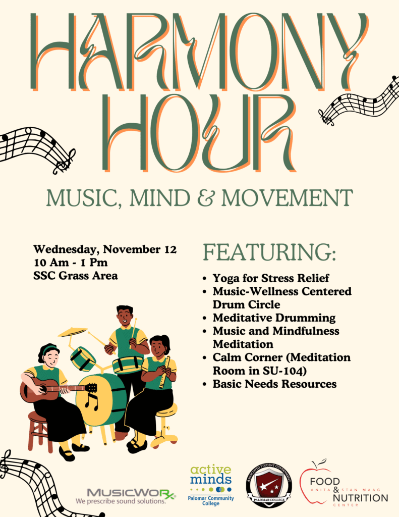 Flyer featuring event details of "Harmony Hour: Music, Mind and Movement" with image of three young adults playing instruments together in a group.