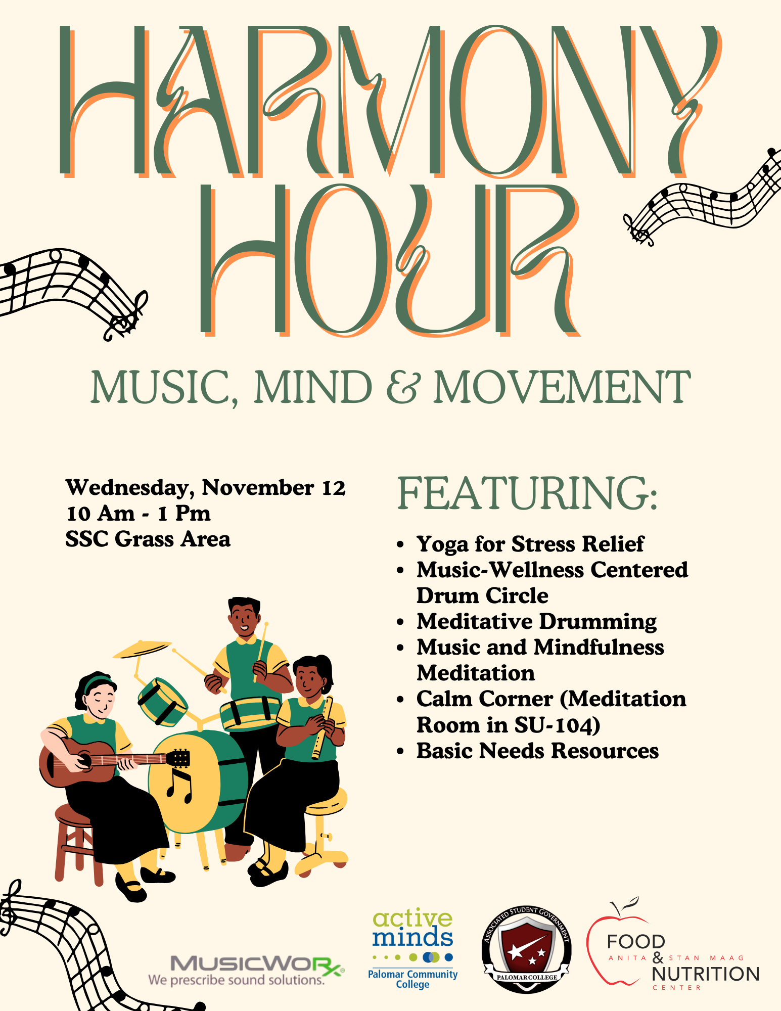 Flyer featuring event details of "Harmony Hour: Music, Mind and Movement" with image of three young adults playing instruments together in a group.