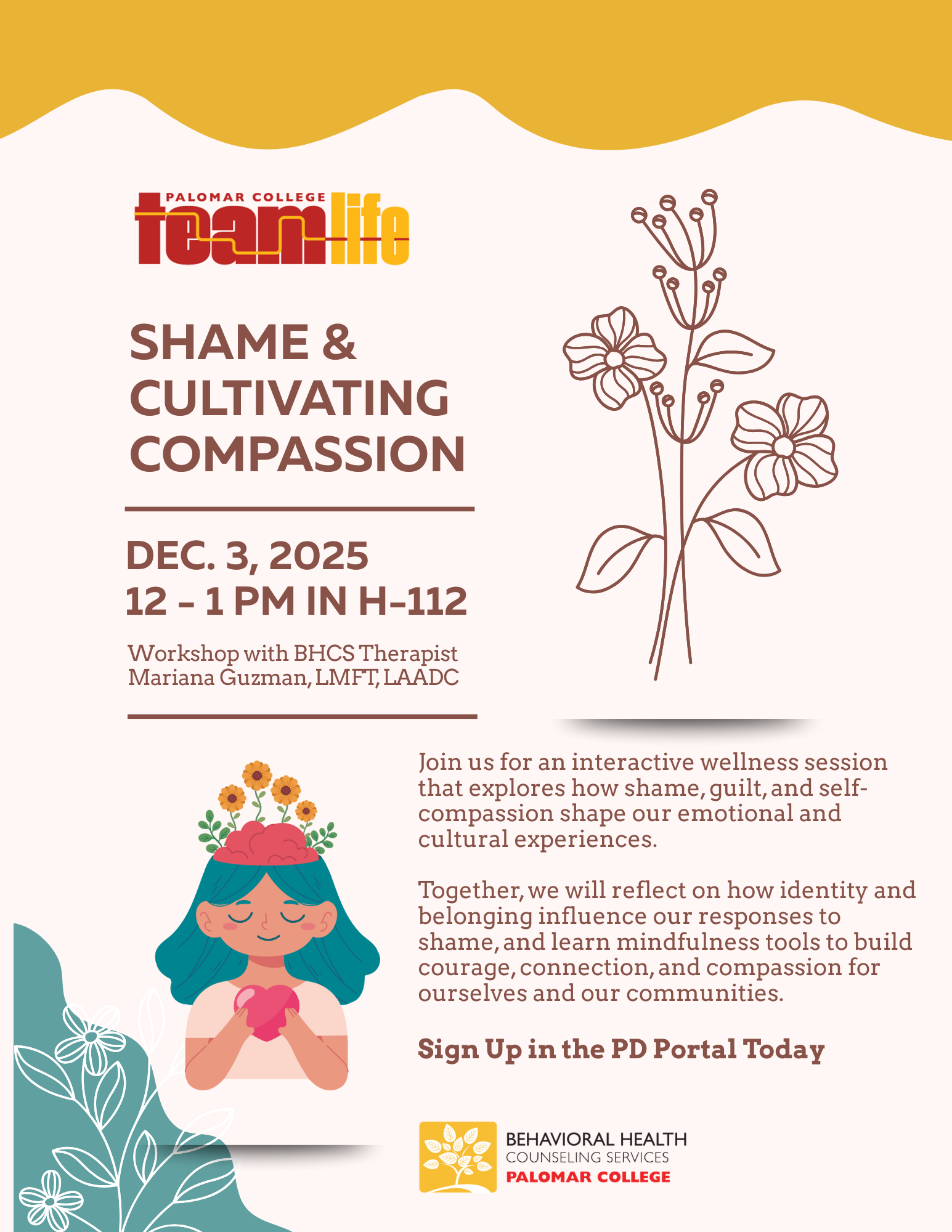 Palomar College TeamLife logo and details for "Shame and Cultivating Compassion" workhop on December 3rd