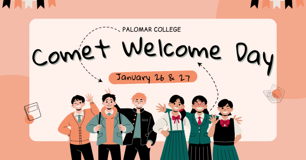 Group of students smiling together with Comet Welcome Day text