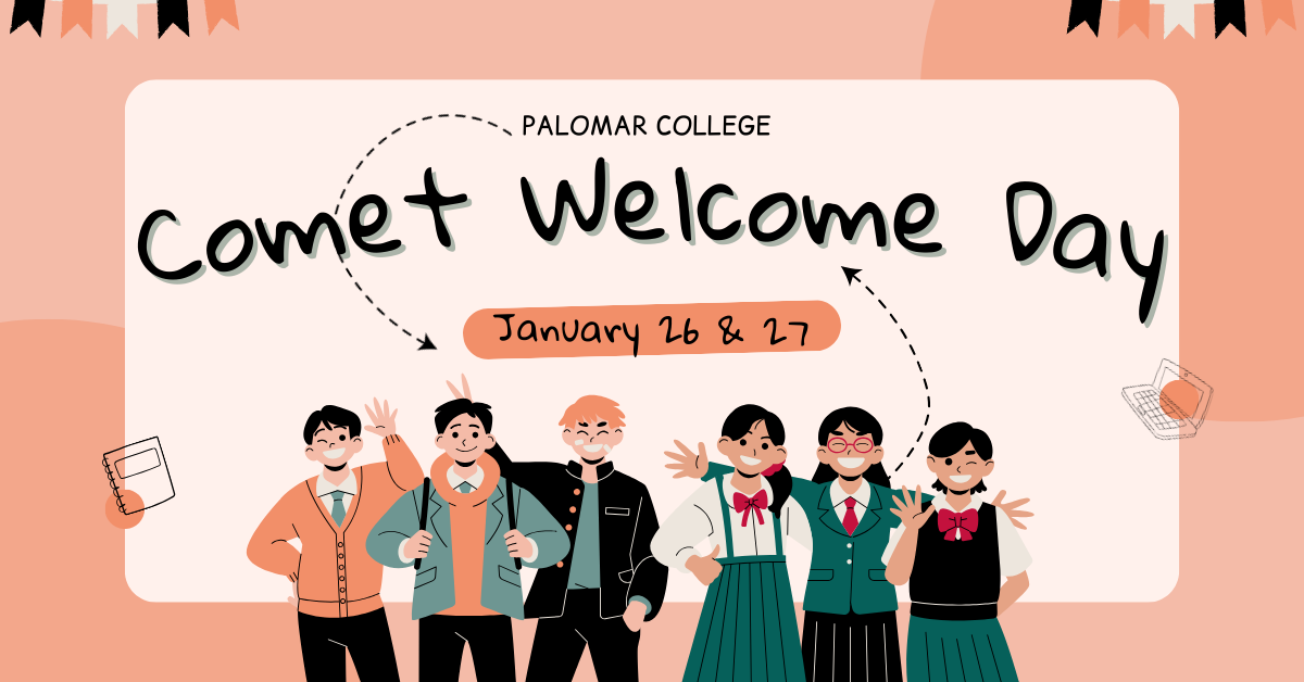 Group of students smiling together with Comet Welcome Day text