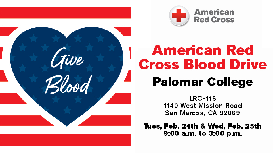 Patriotic heart and stripes with Give Blood title to left of American Red Cross blood drive details at Palomar College