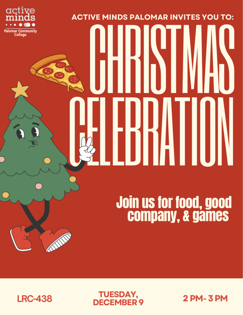 Christmas tree and logo of Active Minds on a red background with details of Christmas Celebration.