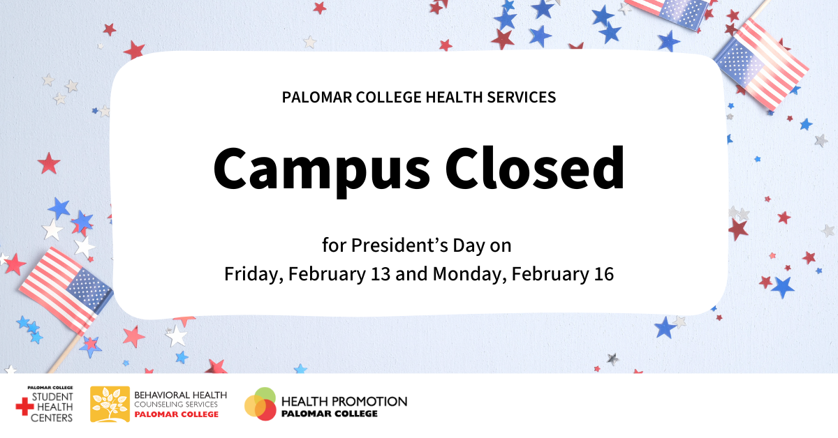 Light blue banner background with American flags and red and blue confetti with text about President's Day holiday