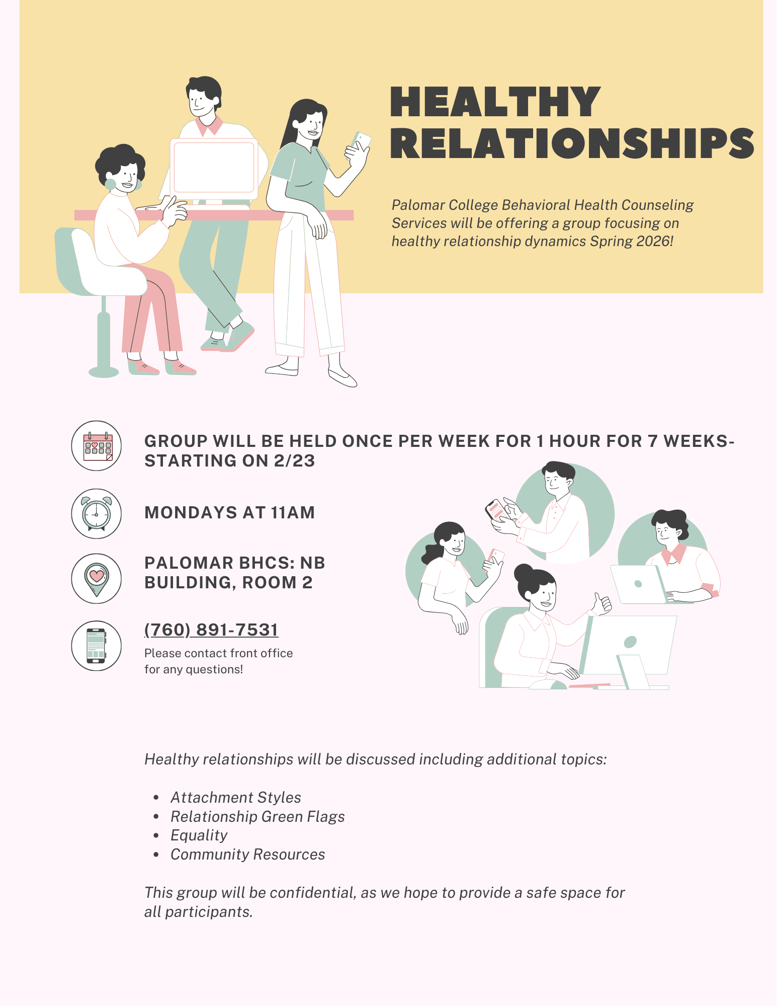 Flyer for Health Relationships Group offered for Palomar College students starting February 23rd on Mondays at 11am