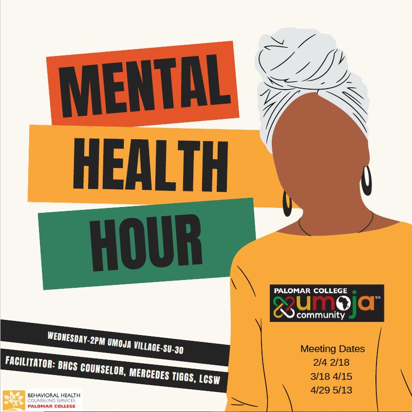Black lady without facial details wearing yellow top to right of Mental Health Hour flyer title set among red, yellow and green boxes.