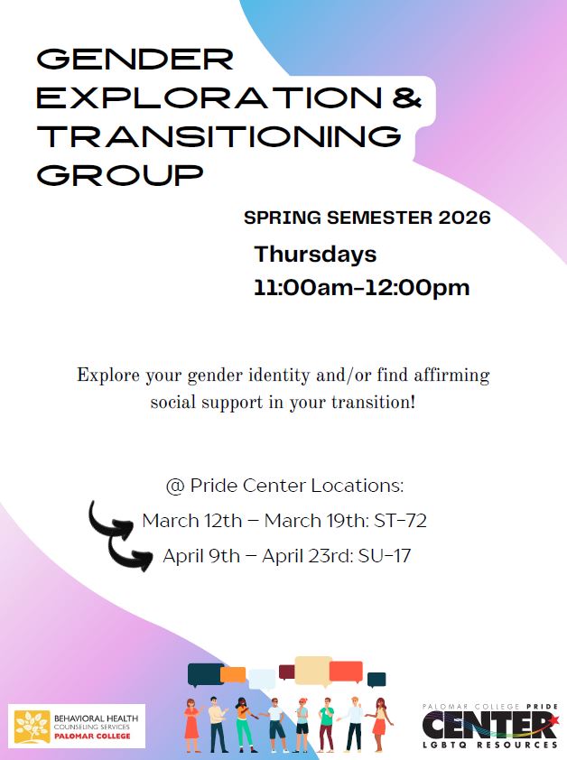 Flyer for Gender Exploration & Transitioning Group at the Pride Center this spring 2026
