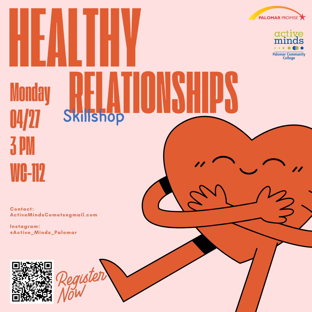 Promotional flyer featuring a hugging heart cartoon and details for a "Healthy Relationships" skillshop on April 27 at 3 PM.