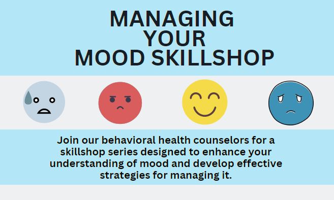 Sad to happy emoji faces with banner title "Managing Your Mood Skillshop"