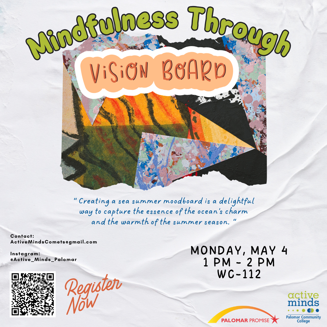 Flyer for Mindfulness Through Vision Board Skillshop with colorful abstract patterns.