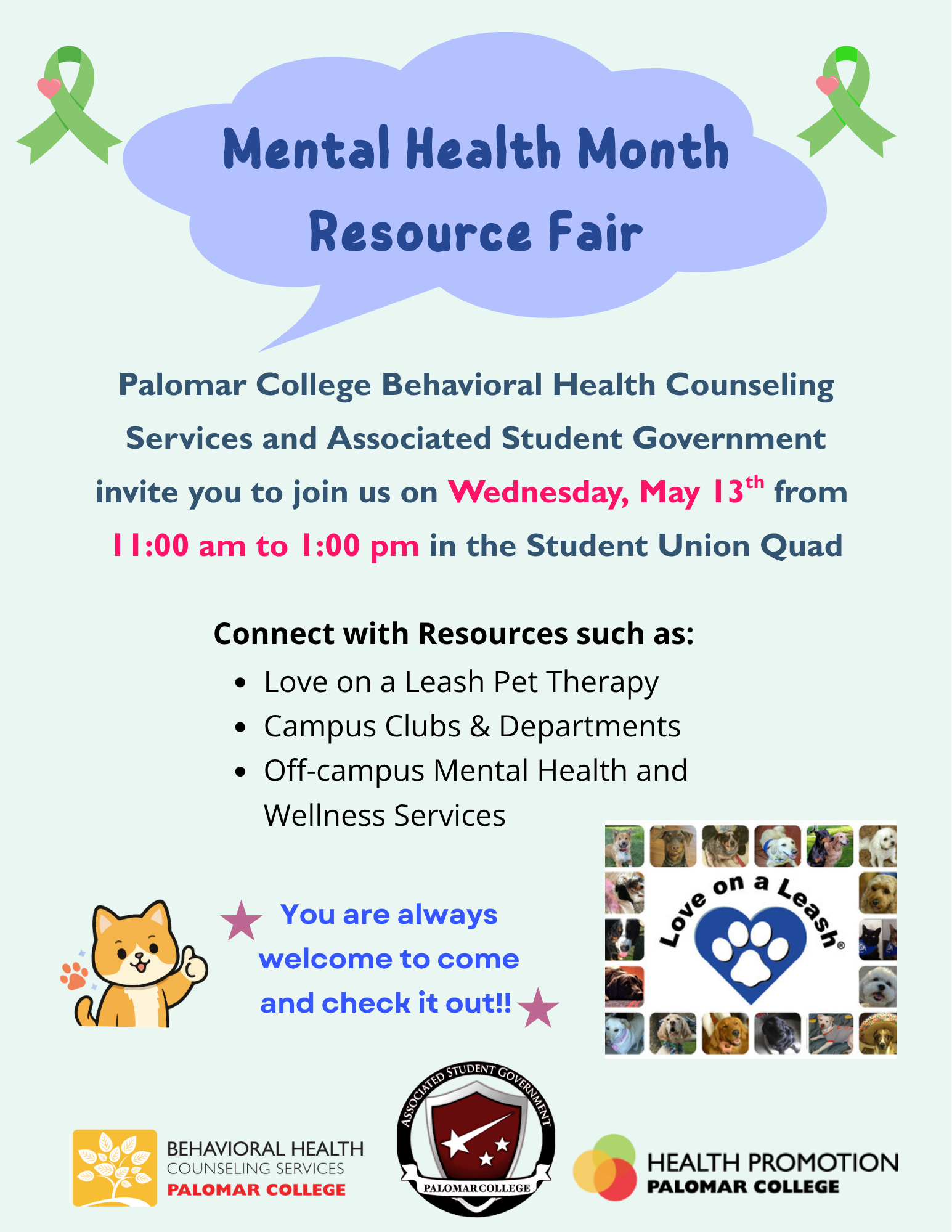 Mental Health Resource Fair details with image of smiling kitty, logo of Love on a Leash pet therapy followed by logos of Palomar College Behavioral Health Counseling Services, Health Promotion and ASG.