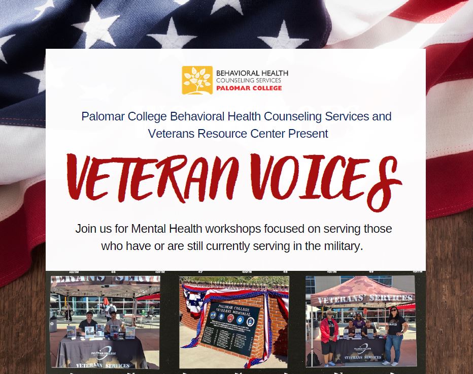 Logo of BHCS along with three images of Veterans Services tabling events with banner title "Veteran Voices"