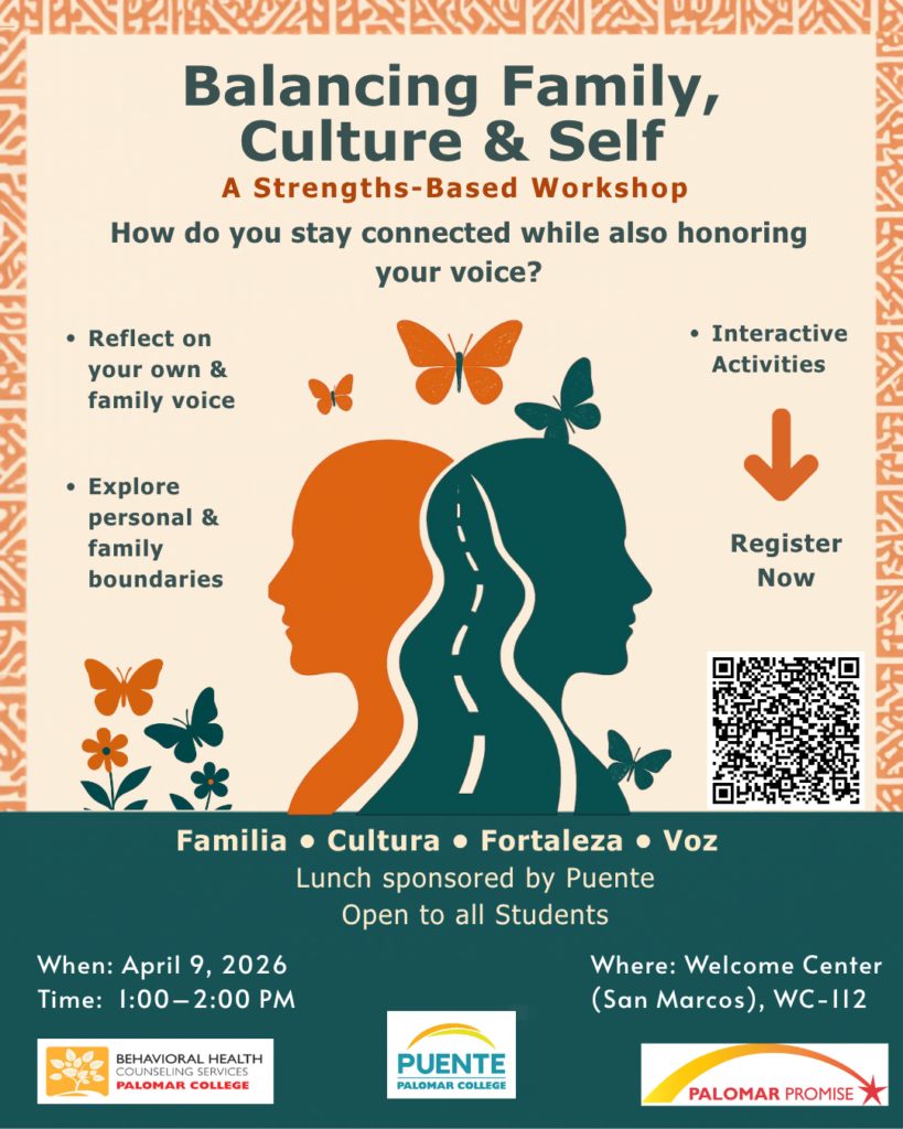 Two silhouettes with a road between them with flyer details for workshop entitled "Balancing Family, Culture & Self"