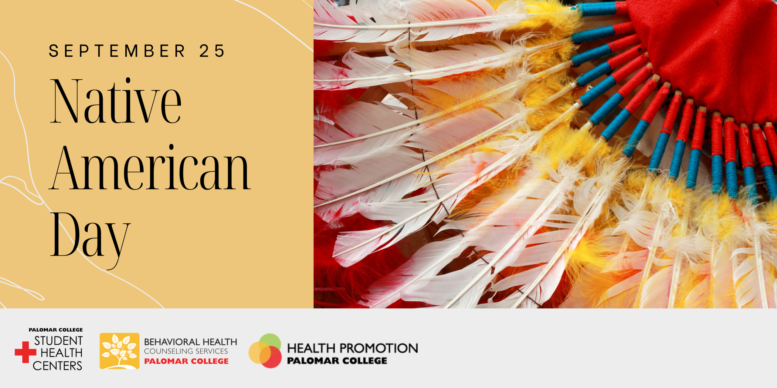 Banner for Native American Day on September 25 with a colorful feather headdress and Palomar College logos.