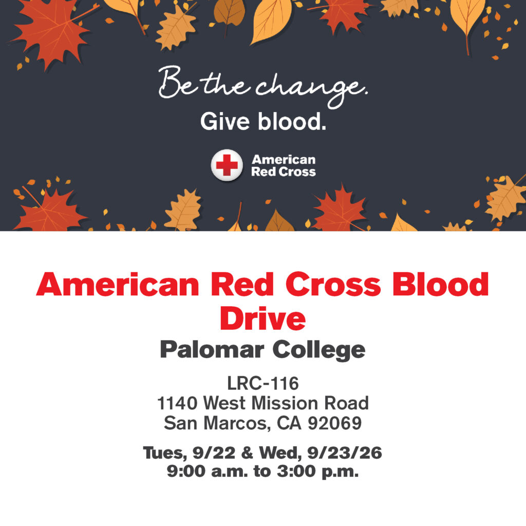 Promotional graphic for an American Red Cross blood drive at Palomar College, featuring autumn leaves and details including dates, times, and location.