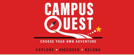 Bed banner featuring Campus Quest text with compass and road with Choose Your Own Adventure: Explore, Discover, Belong