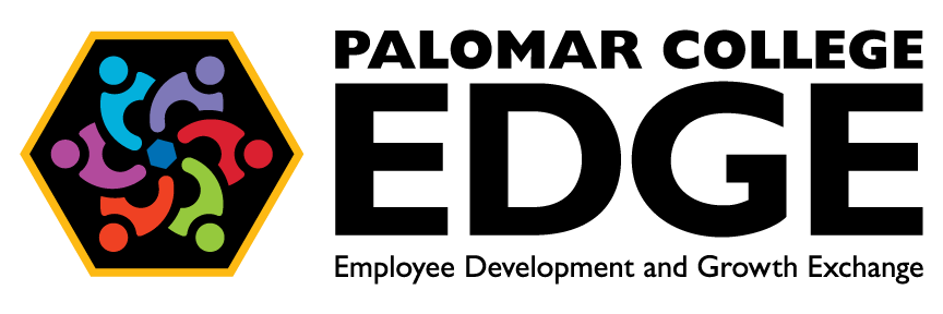 Logo for Palomar College EDGE program, featuring a hexagonal emblem with colorful interconnected figures, and bold text reading "PALOMAR COLLEGE EDGE" with the phrase "Employee Development and Growth Exchange" below.