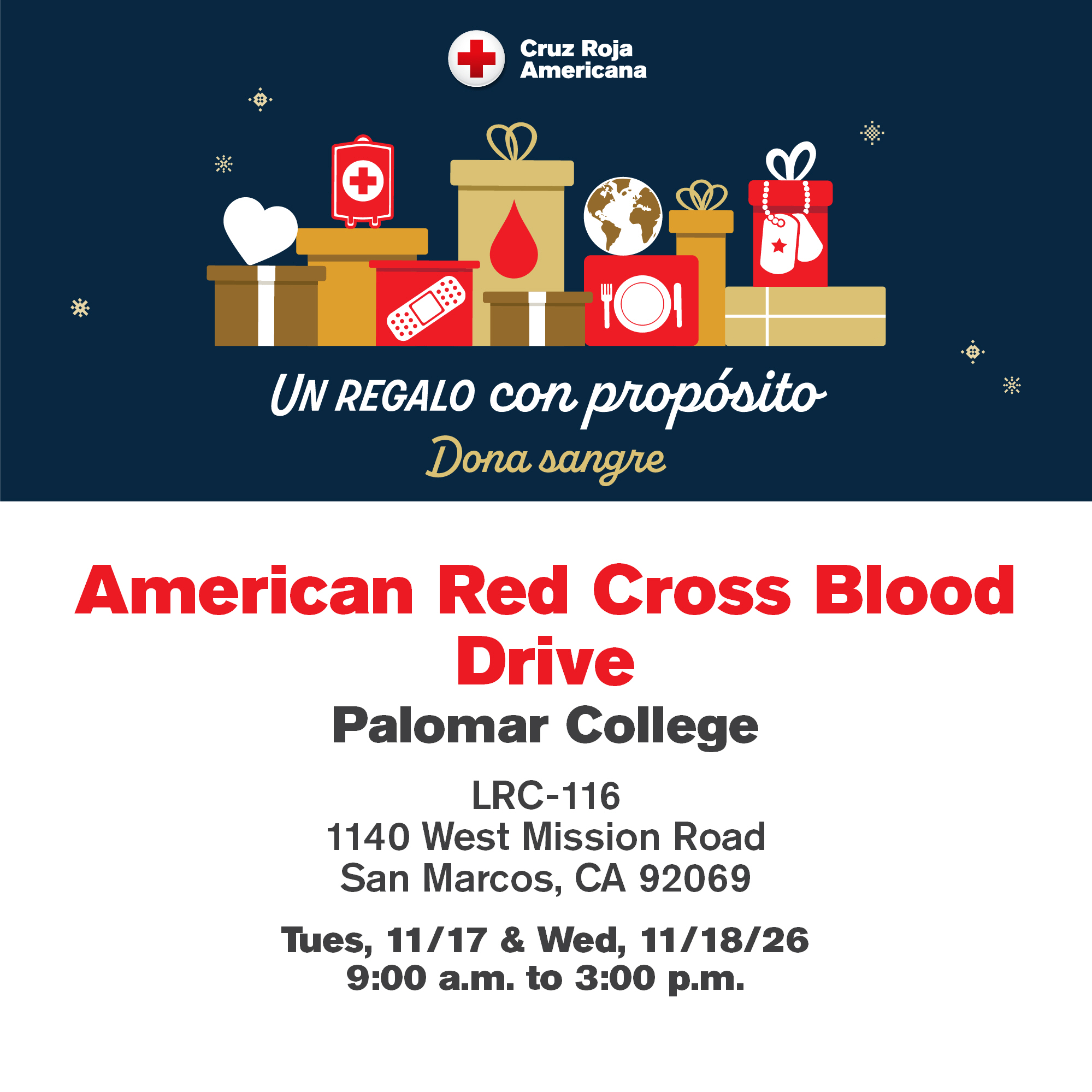 American Red Cross blood drive flyer with gift-box illustrations and event details for Palomar College on November 17–18, 2026.