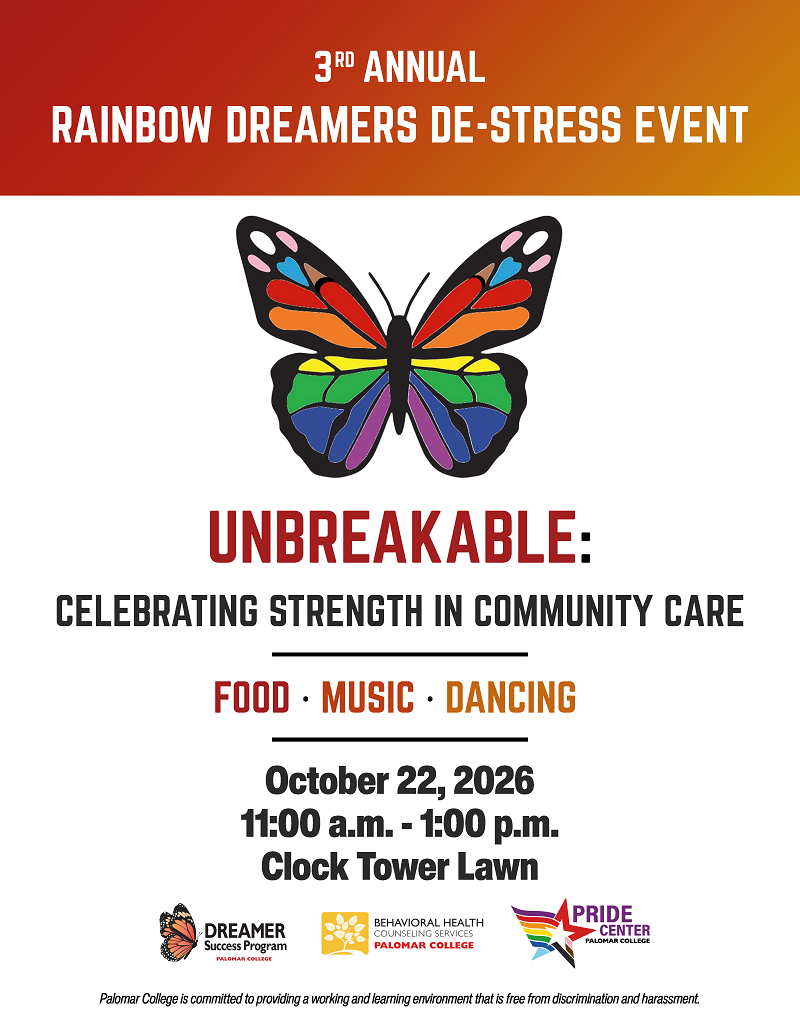 Flyer for the 3rd Annual Rainbow Dreamers De-Stress Event, featuring a colorful butterfly, the theme “Unbreakable: Celebrating Strength in Community Care,” food, music, dancing, and event details for October 22, 2026.