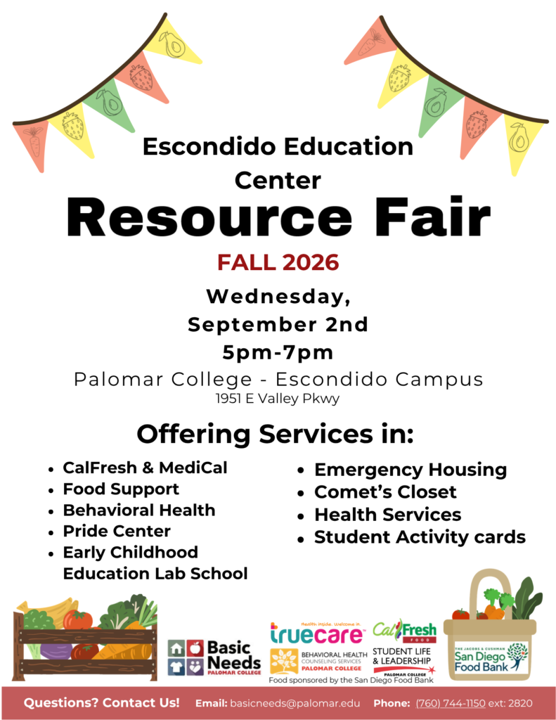 Promotional flyer for the Escondido Education Center Resource Fair, featuring details about services offered, event date, time, and location, along with colorful flags and logos.