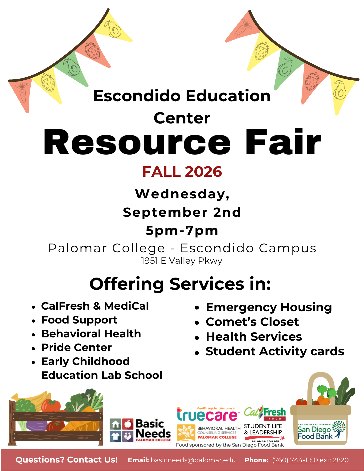 Promotional flyer for the Escondido Education Center Resource Fair, featuring details about services offered, event date, time, and location, along with colorful flags and logos.