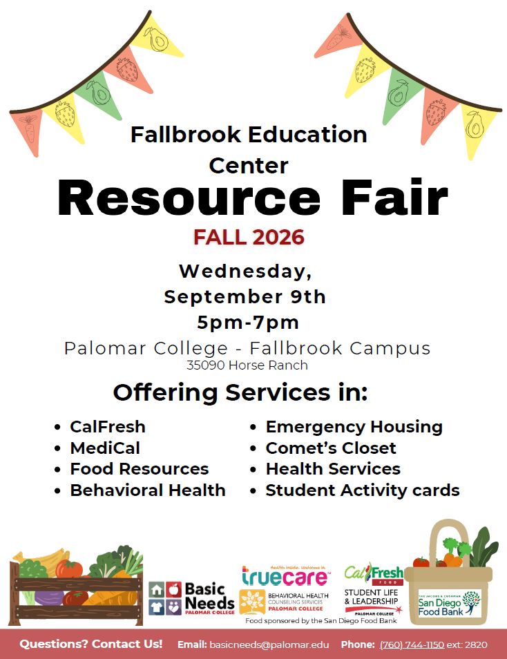 Flyer for the Fallbrook Education Center Resource Fair on Wednesday, September 9, 2026, from 5–7 p.m. at Palomar College’s Fallbrook Campus, offering food, health, housing, clothing, and student-support services.