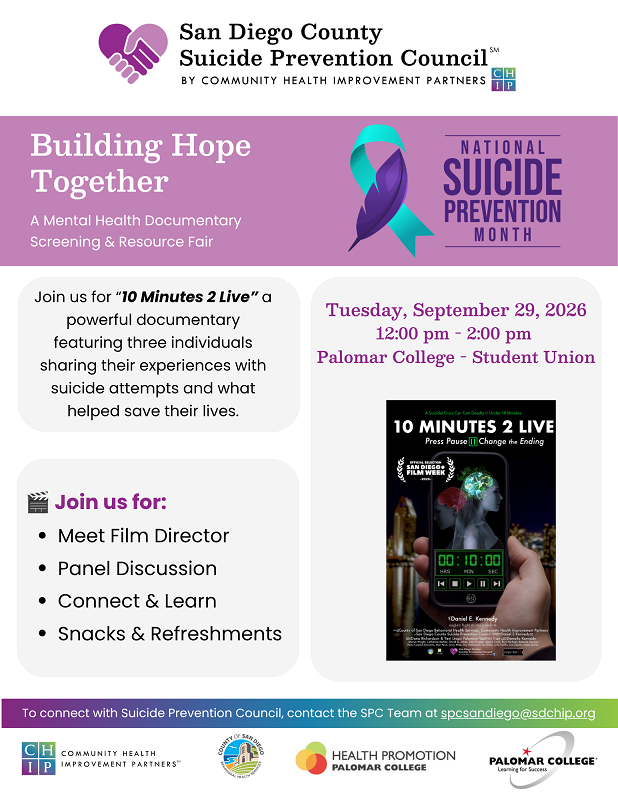 Flyer for the “Building Hope Together” mental health documentary screening and resource fair featuring 10 Minutes 2 Live on September 29, 2026, at Palomar College Student Union.