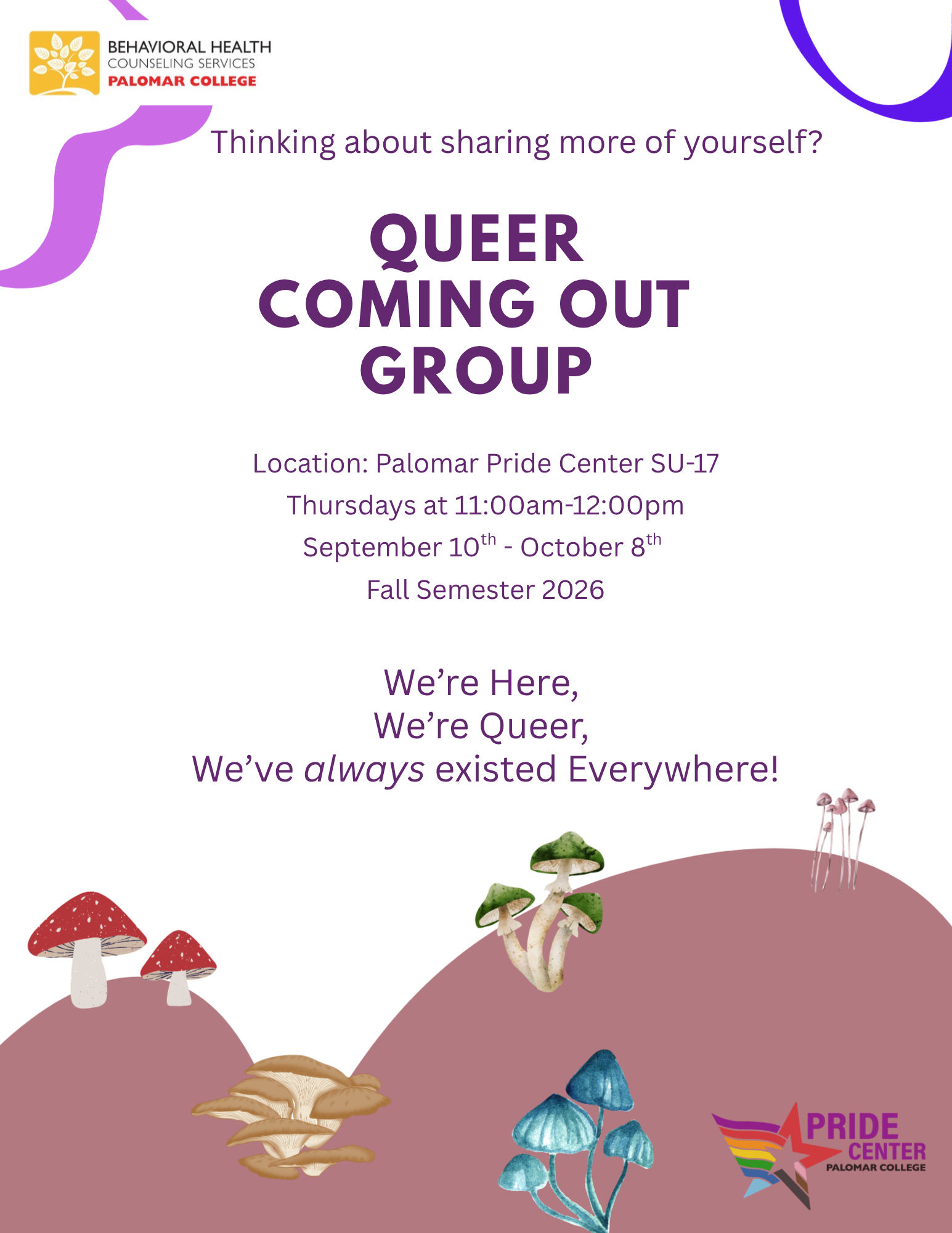Promotional graphic for a Queer Coming Out Group at Palomar College, featuring text about the group details and colorful mushroom illustrations.