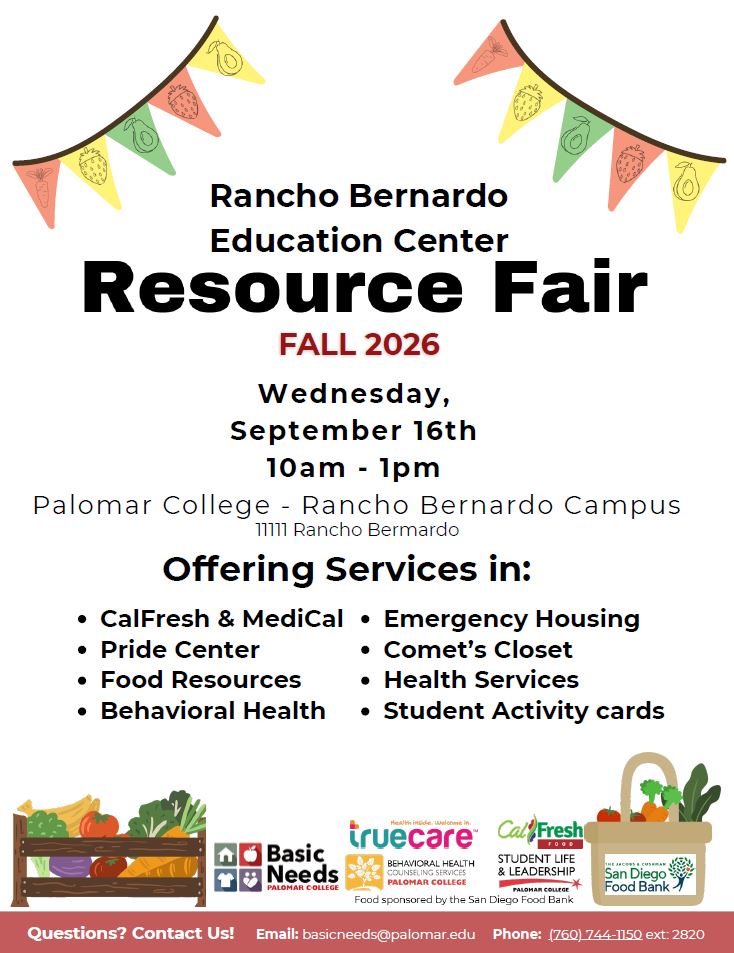Flyer for the Rancho Bernardo Education Center Resource Fair on Wednesday, September 16, 2026, from 10 a.m to 1 p.m. at Palomar College’s Rancho Bernardo Campus, offering food, health, housing, clothing, and student-support services.