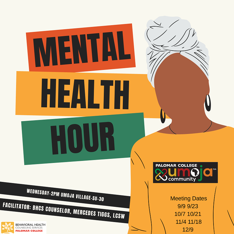 A promotional image for a "Mental Health Hour" at Palomar College featuring colorful text on a cream background, an illustration of a woman with a white headscarf, and event details.