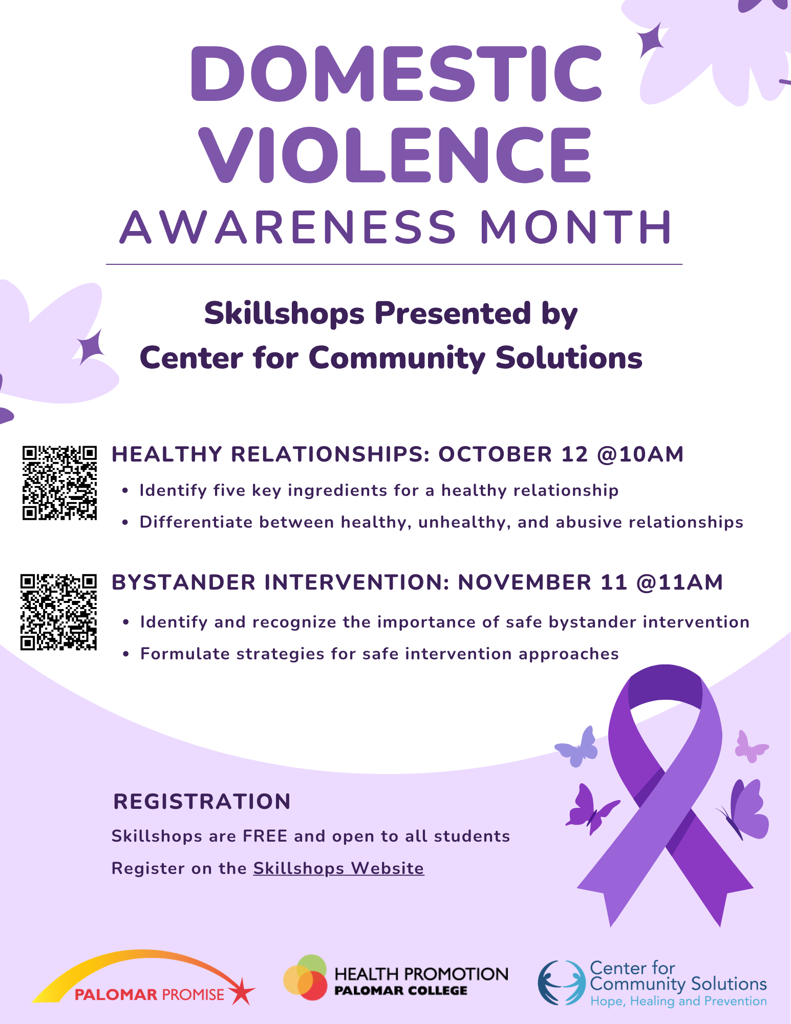 Flyer for Domestic Violence Awareness Month workshops on healthy relationships and bystander intervention, with dates, registration information, QR codes, and purple awareness-ribbon artwork.