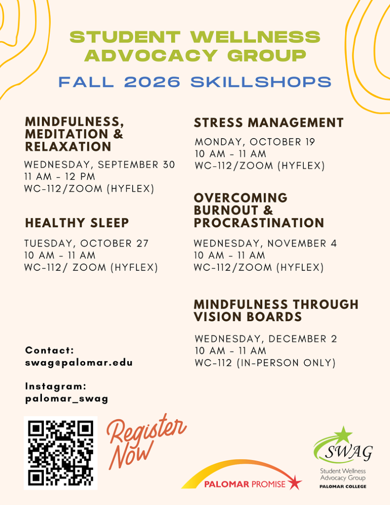 Flyer advertising Palomar College Student Wellness Advocacy Group Fall 2026 workshops, with dates, locations, contact information, a QR code, and “Register Now” text.