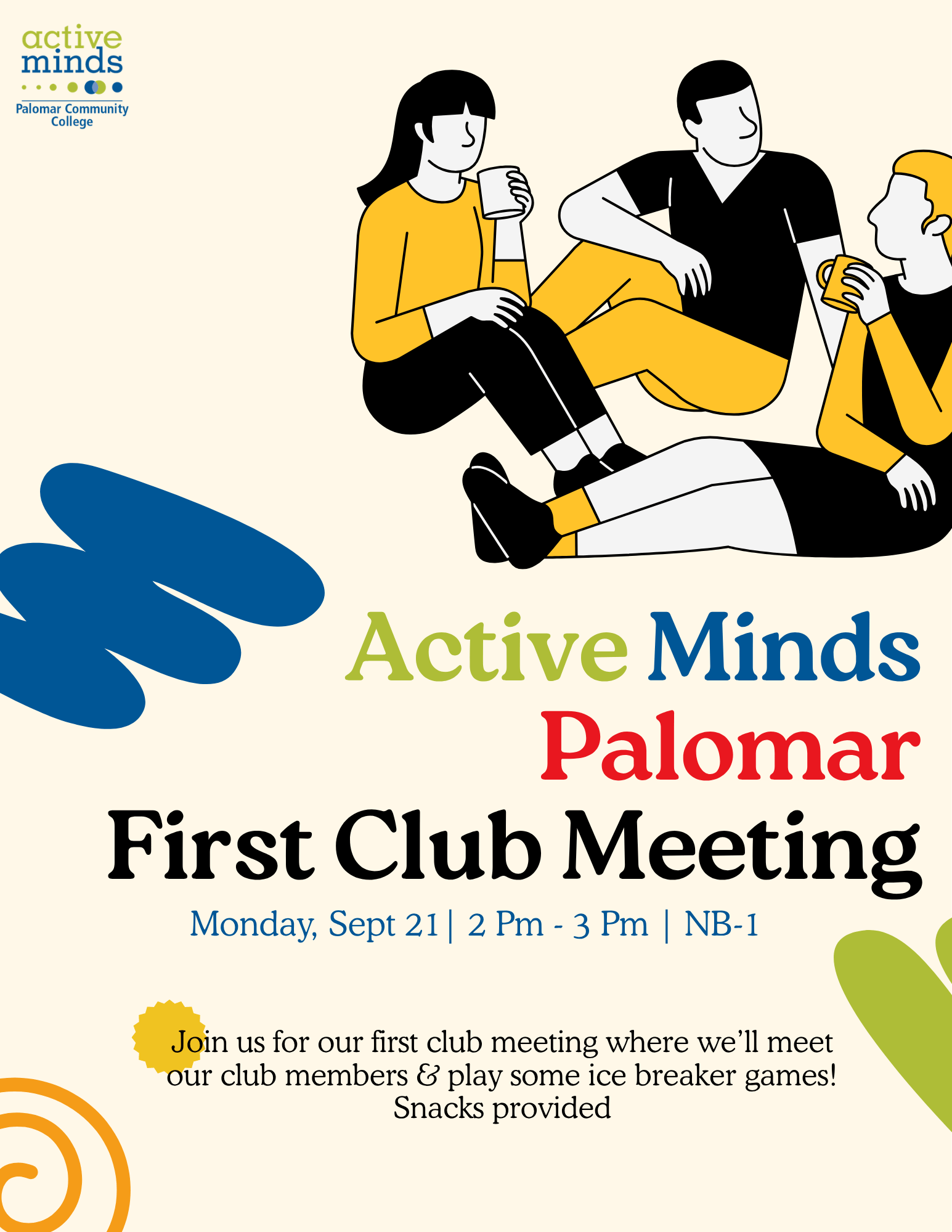Poster announcing the Active Minds Palomar first club meeting on Monday, Sept. 21, from 2–3 p.m. in NB-1, with an illustration of three people sitting together.