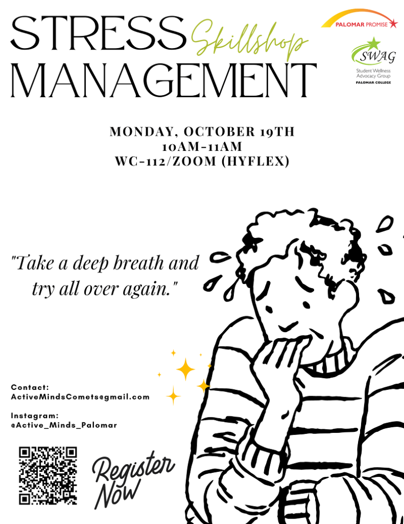 Flyer advertising a stress management workshop with event details, contact information, QR code, and an illustration of a person appearing stressed.
