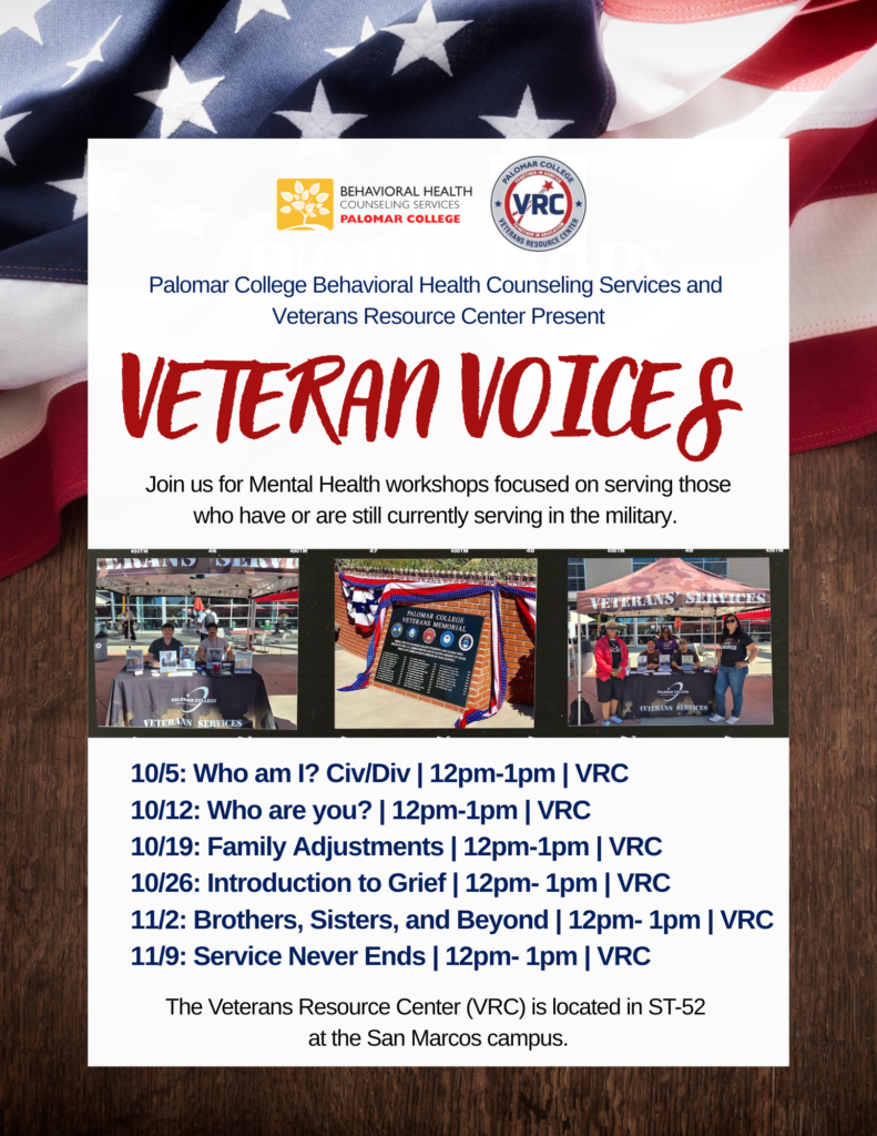 Promotional flyer for Palomar College’s “Veteran Voices” mental health workshops, featuring workshop dates, times, topics, and location at the Veterans Resource Center.