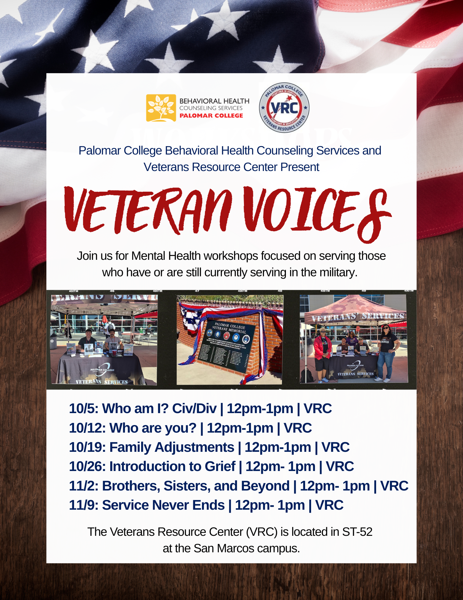 Promotional flyer for Palomar College’s “Veteran Voices” mental health workshops, featuring workshop dates, times, topics, and location at the Veterans Resource Center.