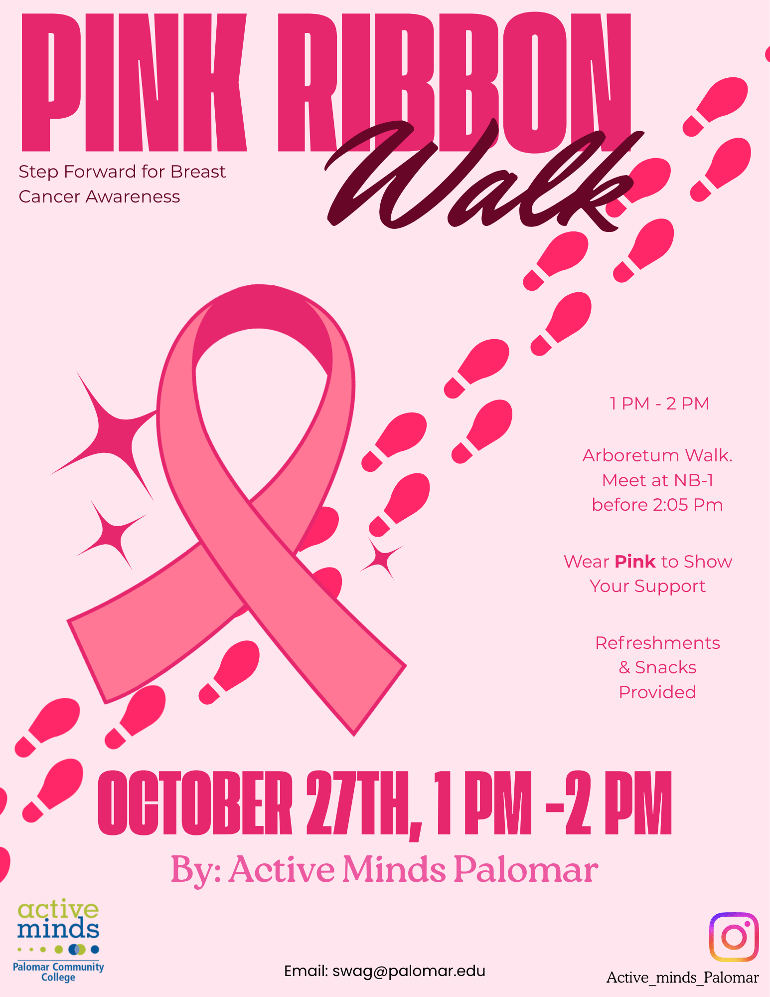Pink Ribbon Walk flyer for breast cancer awareness, featuring a large pink ribbon, footprint trail, event details, and October 27 date.