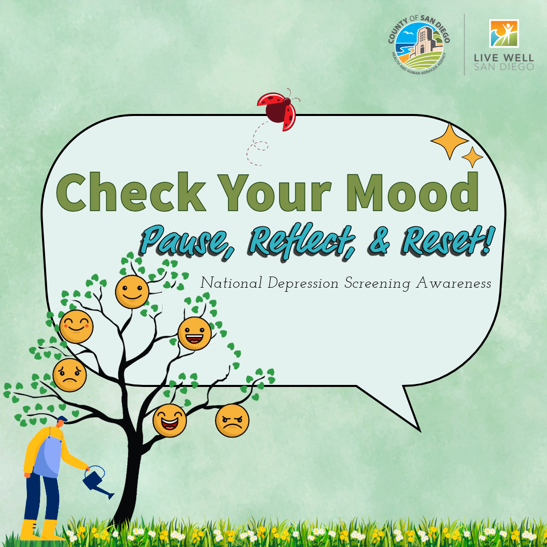 Graphic encouraging viewers to check their mood, pause, reflect, and reset, illustrated with emotion faces growing on a tree and a person watering it.