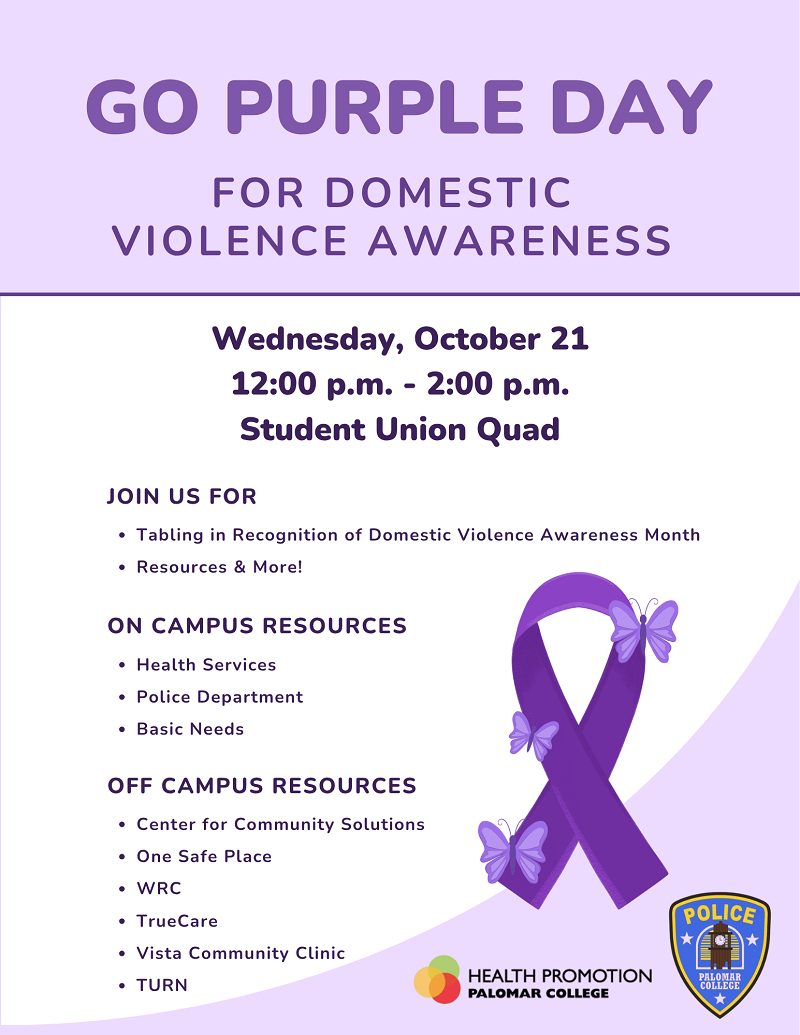 Flyer for Go Purple Day for domestic violence awareness, featuring event details, campus and community resources, and a purple awareness ribbon with butterflies.