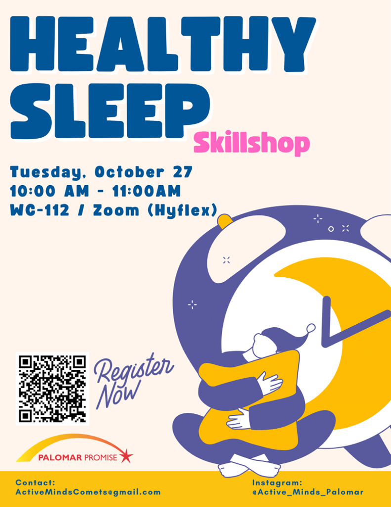 Poster for a Healthy Sleep Skillshop on Tuesday, October 27, featuring event details, registration information, and an illustration of a sleeping person inside a large alarm clock.