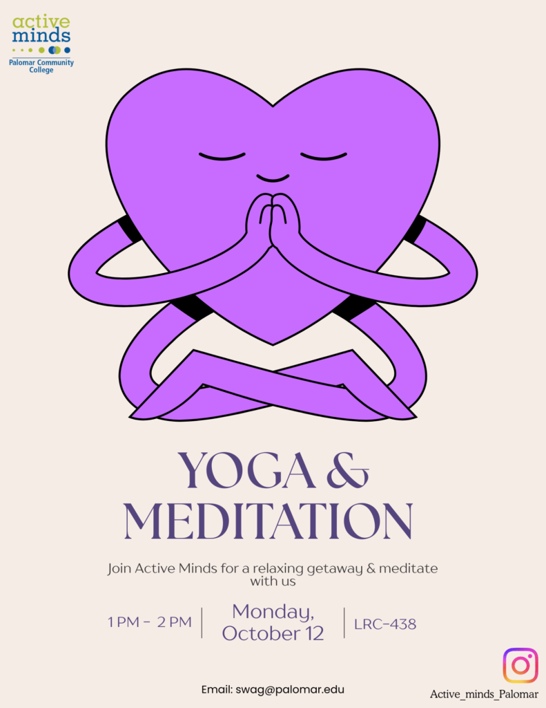Flyer for Active Minds Palomar College advertising a Yoga & Meditation event, featuring a purple heart-shaped figure meditating.