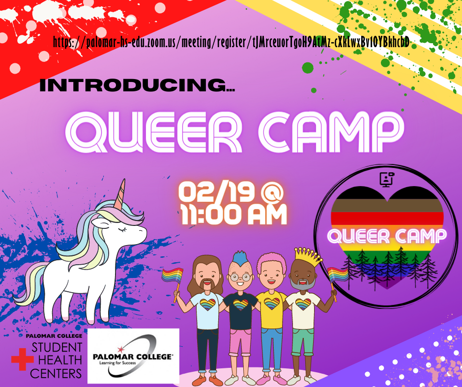 Introducing Queer Camp on 2/19 @11:00am, image of unicorn and rainbow colored heart