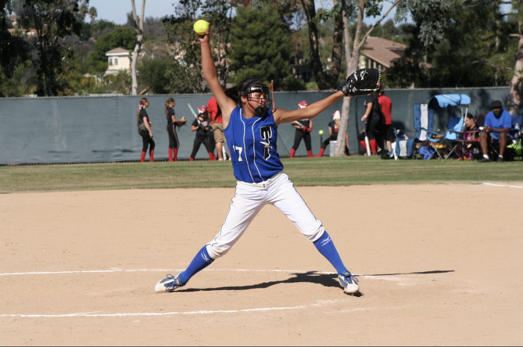 Alyssa Domingo, at age 13, pitches at a softball game in Escondido, Calif. (Photo courtesy of Alysssa Domingo.)