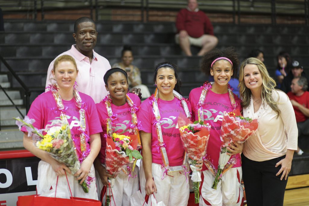 Prior to start of the Feb. 21, 2014 home game against San Diego Mesa College, sophomore players were recognized with gifts and flowers from the team. (l-r) Maureen Fegan, Assistant Coach Damian Cephas, Mikaela Stanton, Gabby Cabrera, Bianca Littleton, and Head Coach Leigh Marshall. (Stephen Davis/The Telescope)