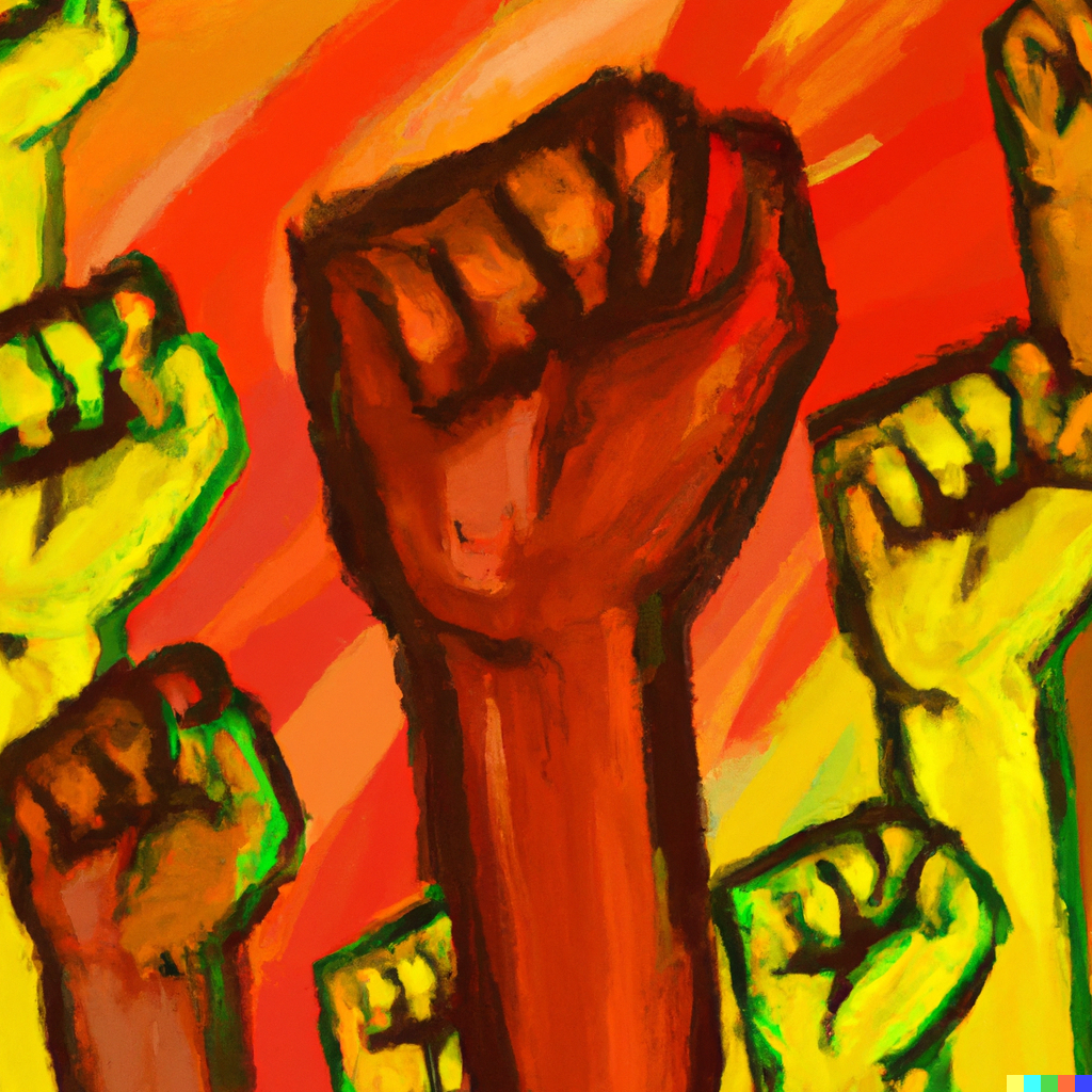 Fists in the air, AI-generated using prompt “painting of many fists being raised in the air with a red, orange, yellow, and, green background”