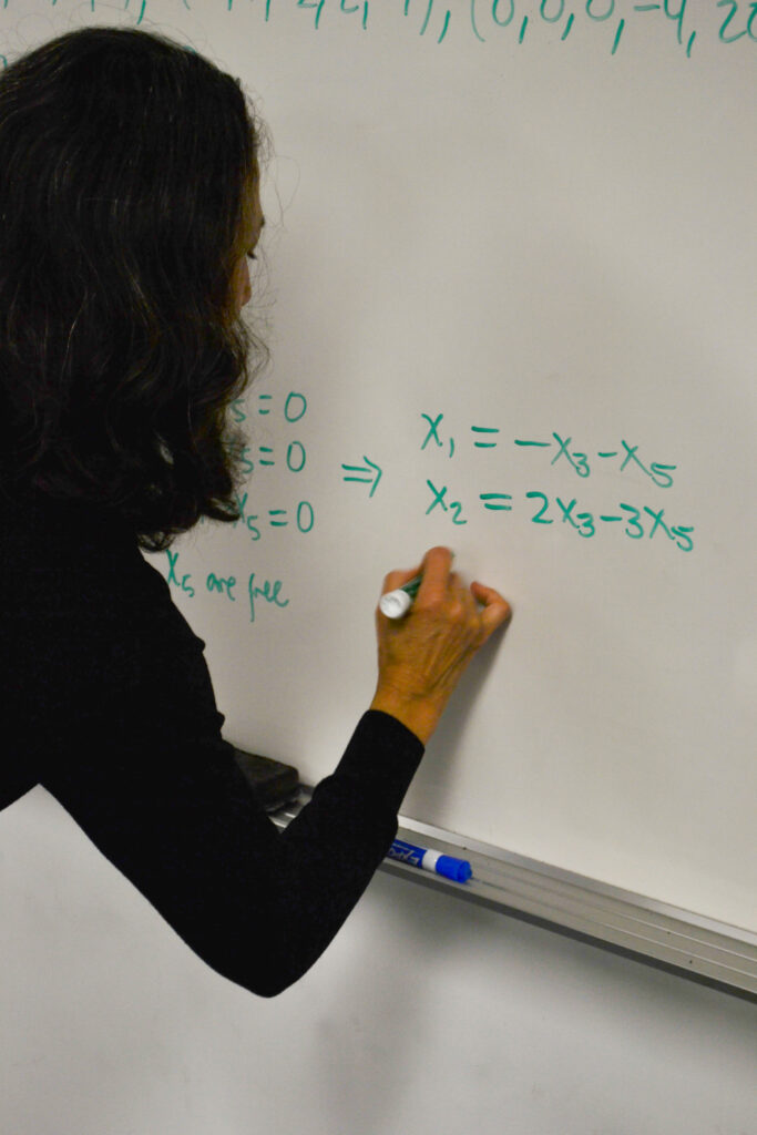 Professor Martha Martinez writers an algebra equation on the whiteboard with a green marker.